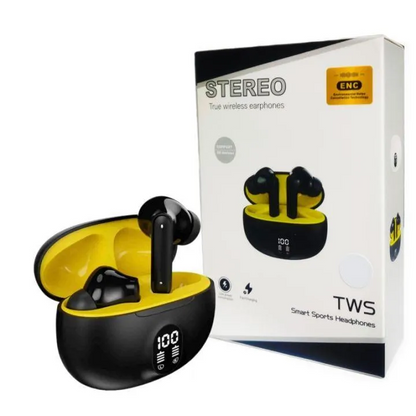 TWS Wireless Bluetooth Earbuds with Digital Display Charging Case – Black & Yellow