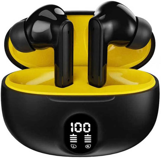 TWS Wireless Bluetooth Earbuds with Digital Display Charging Case – Black & Yellow