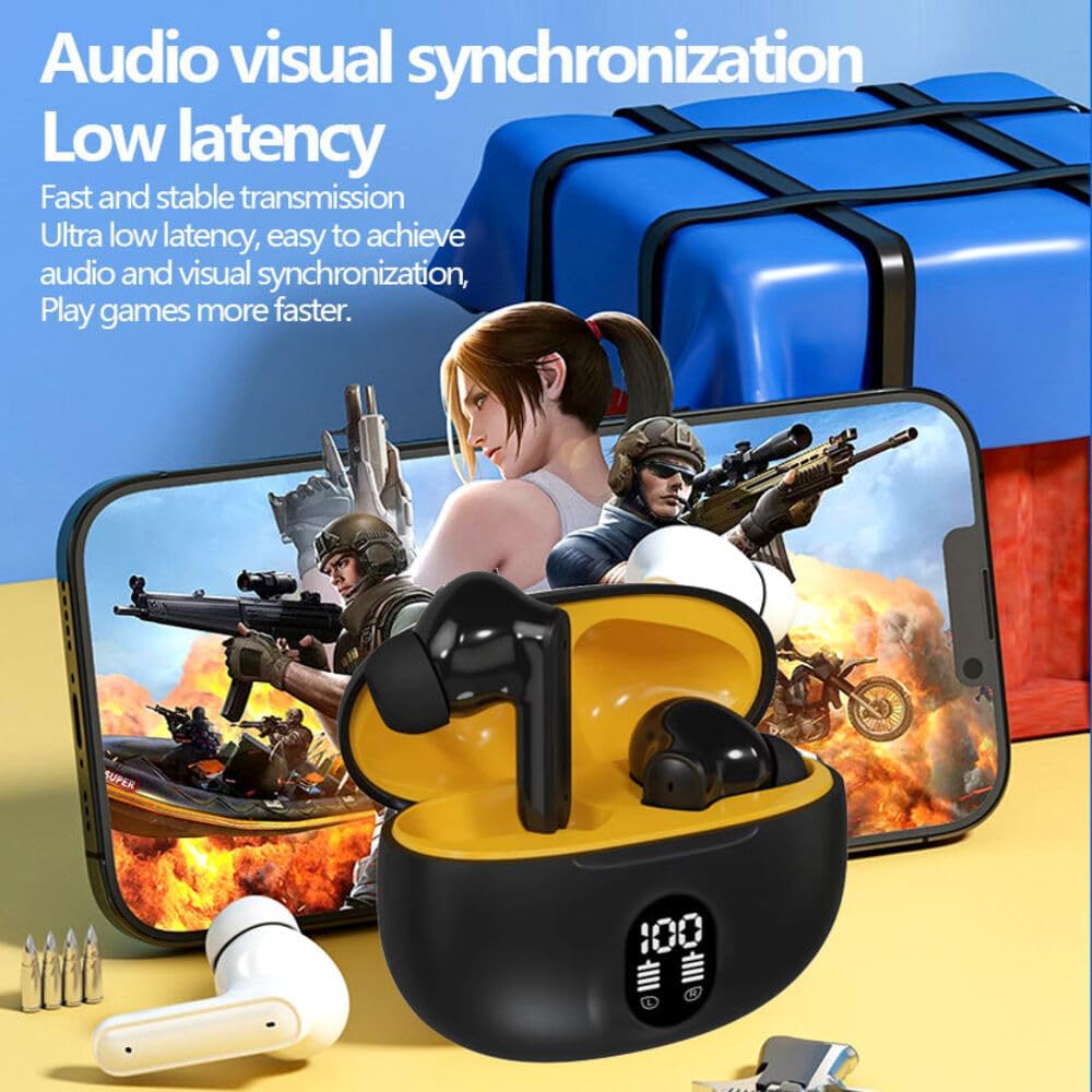 TWS Wireless Bluetooth Earbuds with Digital Display Charging Case – Black & Yellow