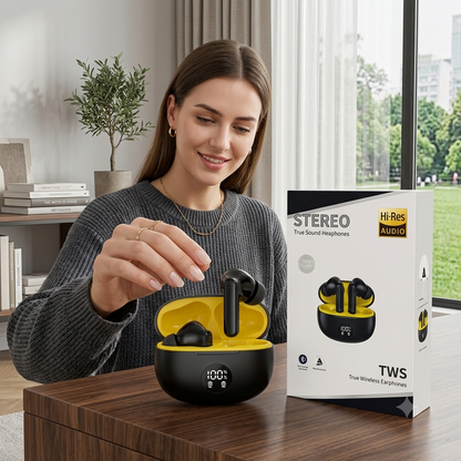 TWS Wireless Bluetooth Earbuds with Digital Display Charging Case – Black & Yellow